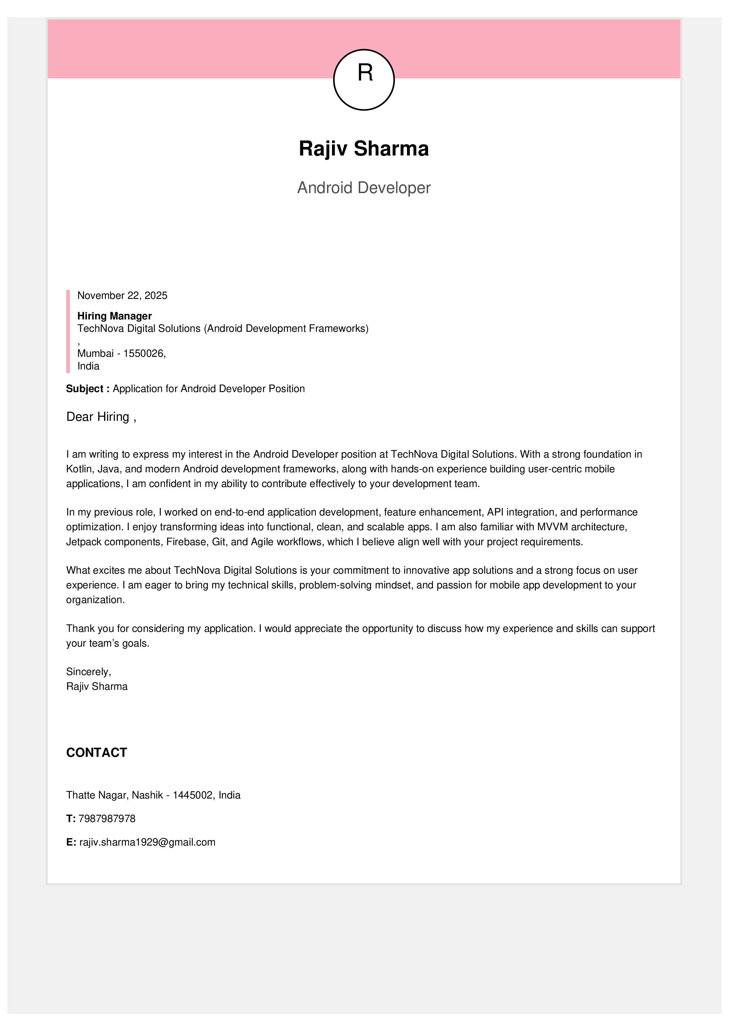 Engineer at R&H Hall Resume Sample