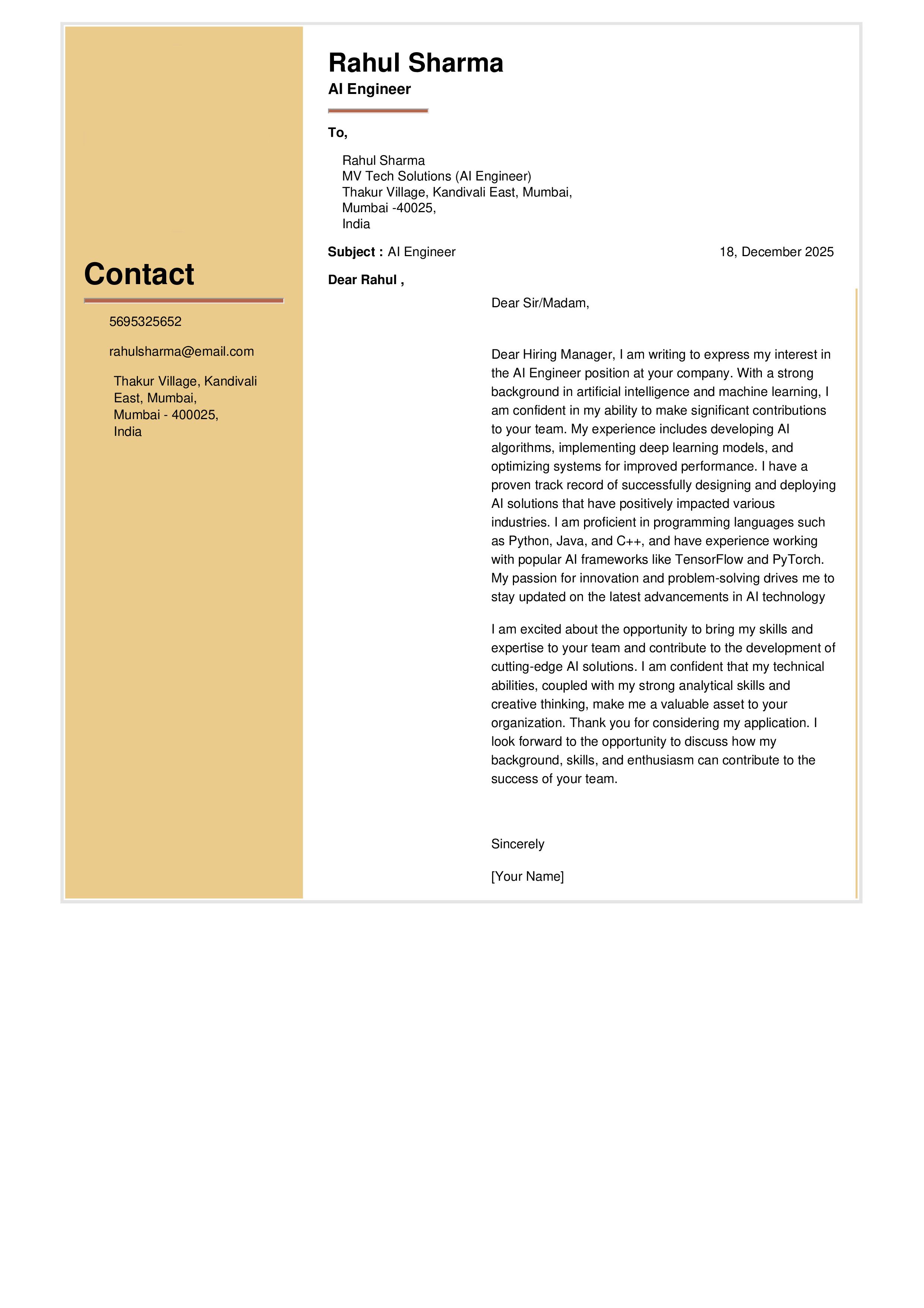 Engineer at R&H Hall Resume Sample